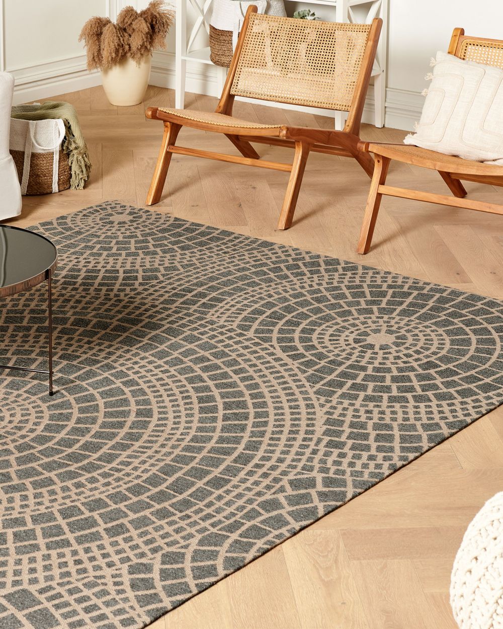 Tappeto da giardino beige e grigio in iuta 200 x 300 cm Rettangolare con motivo geometrico a trama piatta stile boho Camera da letto Soggiorno