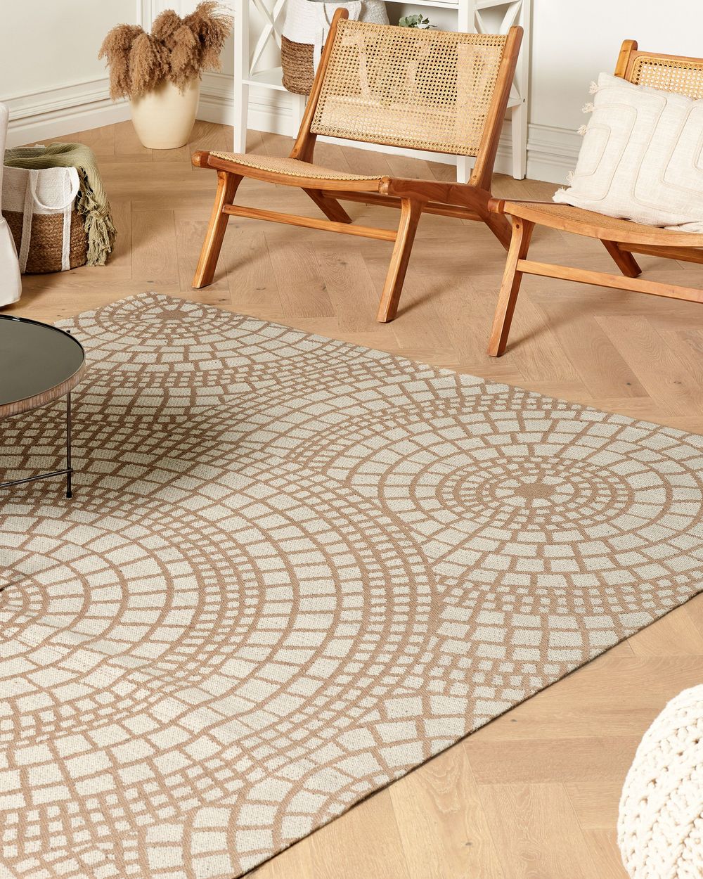 Tappeto da giardino beige e bianco in iuta 200 x 300 cm Rettangolare con motivo geometrico a trama piatta stile boho Camera da letto Soggiorno