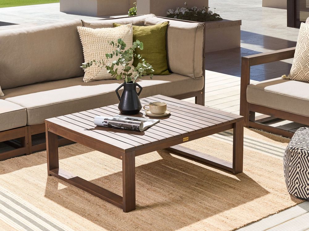 Tavolino da caffè da giardino in legno di acacia scuro 90 x 75 cm da esterno moderno elegante