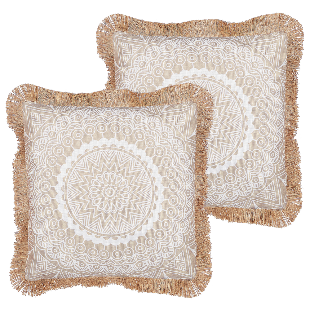 Set di 2 cuscini in tessuto di poliestere beige e bianco 45 x 45 cm fodera con nappe divano soggiorno camera da letto