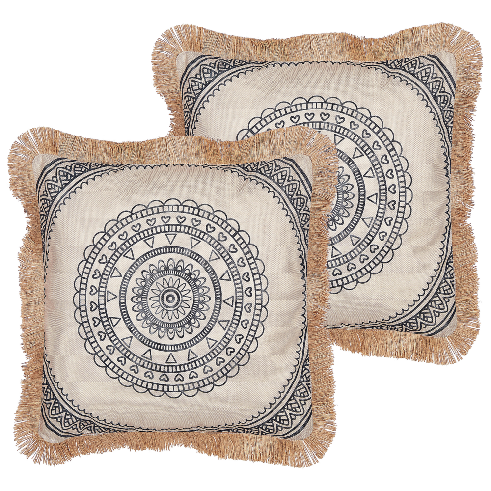 Set di 2 cuscini in tessuto di poliestere beige e nero 45 x 45 cm fodera con nappe divano soggiorno camera da letto