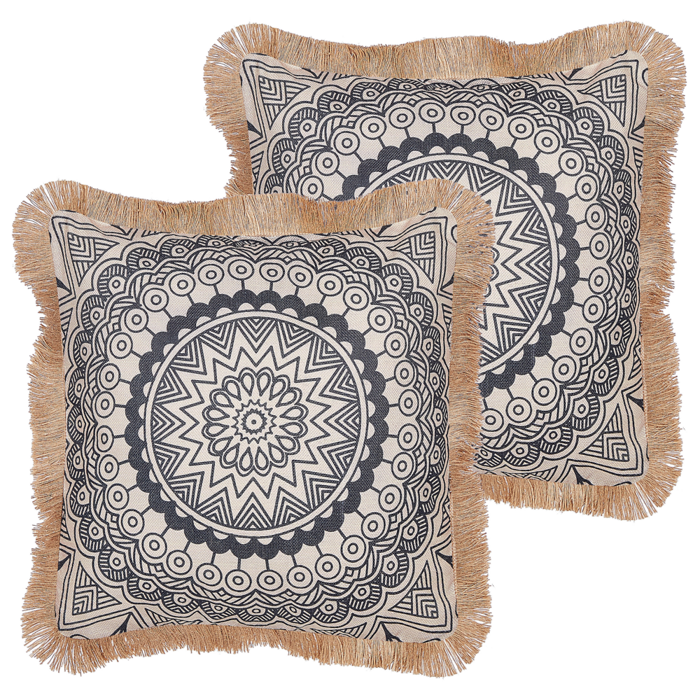 Set di 2 cuscini in poliestere beige e nero con nappe 45 x 45 cm camera da letto soggiorno