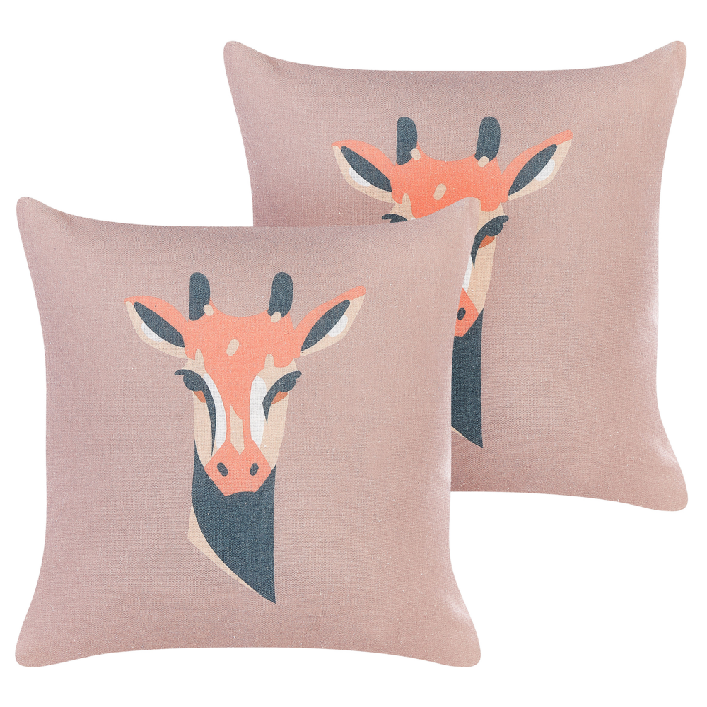 Set di 2 cuscini decorativi rosa pastello con stampa di animali 45 x 45 cm Motivo giraffa Decor moderno Safari