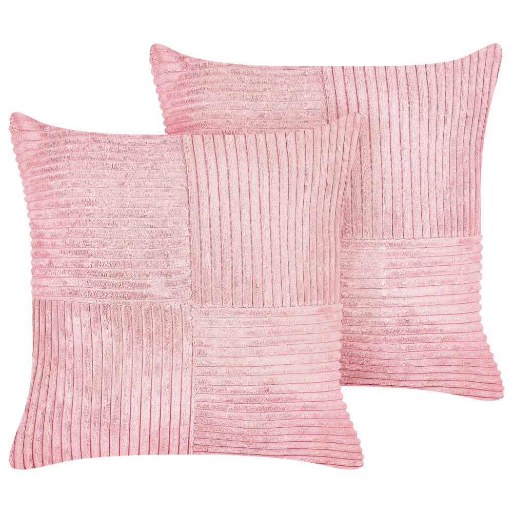 Set di 2 cuscini decorativi in velluto a coste rosa 43 x 43 cm con motivo a righe Design moderno Cuscini decorativi