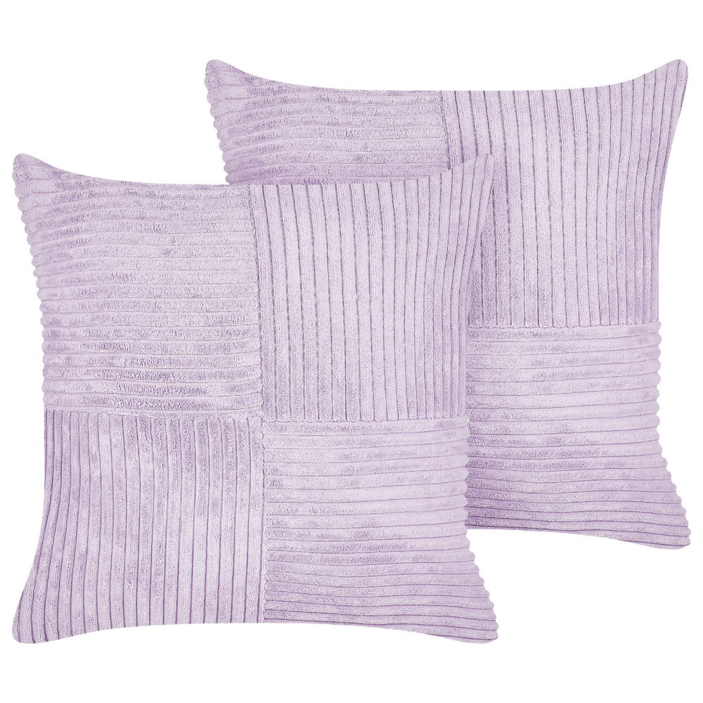 Set di 2 cuscini decorativi in velluto a coste viola 43 x 43 cm con motivo a righe Design moderno Cuscini decorativi