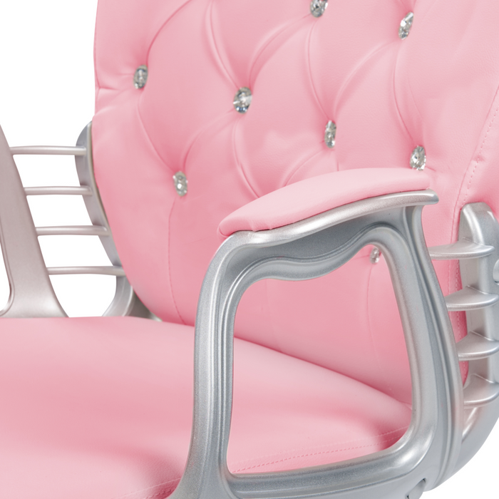 Sedia da ufficio in pelle sintetica rosa con cristalli e altezza regolabile e schienale trapuntato stile retrò moderno