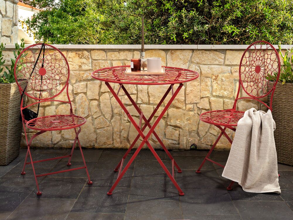 Set da giardino Bistro Rosso Ferro Pieghevole 2 Sedie Tavolo All'aperto Resistenza alla ruggine UV Stile Retro Francese