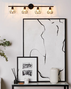 lampadario Nero Metallo 4 Luci Gabbia Paralumi Bracci Orientabili Moderna