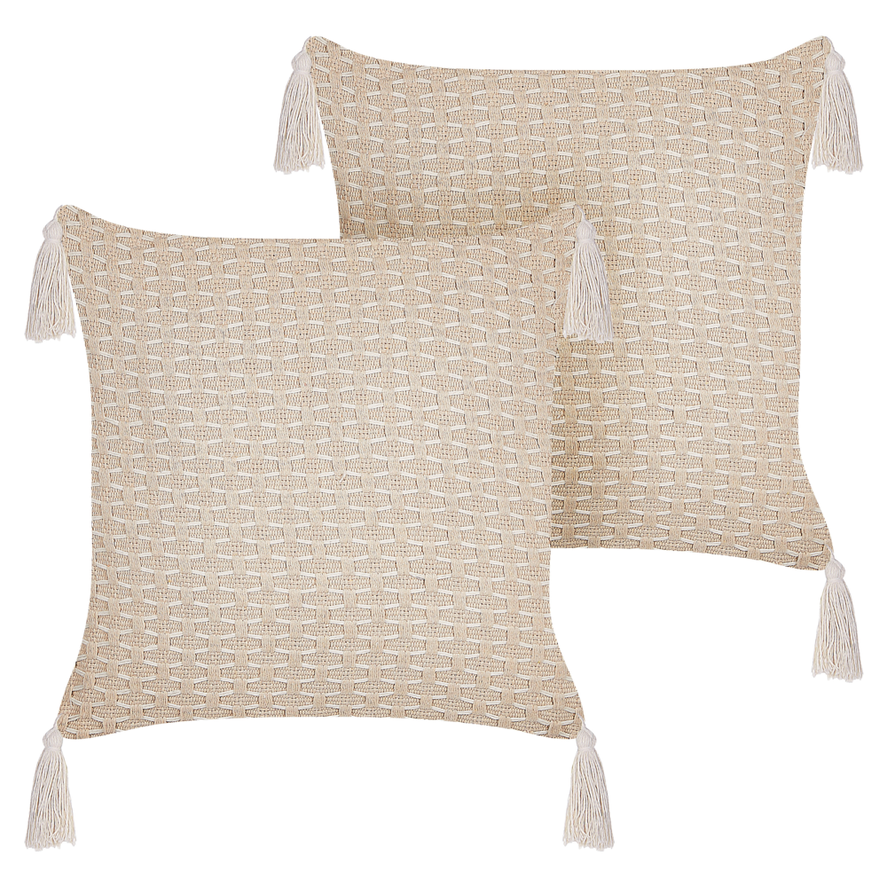 Set di 2 cuscini in poliestere beige chiaro 42 x 42 cm con nappe imbottitura soggiorno camera da letto