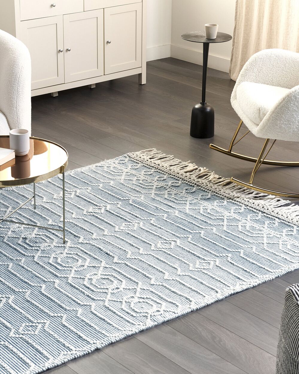 Tappeto blu in lana e cotone 160 x 230 cm tessuto a mano a trama piatta con frange e motivo geometrico