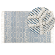 Tappeto blu in lana e cotone 160 x 230 cm tessuto a mano a trama piatta con frange e motivo geometrico