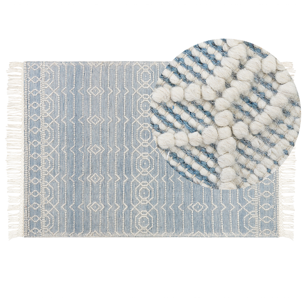 Tappeto blu in lana e cotone 160 x 230 cm tessuto a mano a trama piatta con frange e motivo geometrico