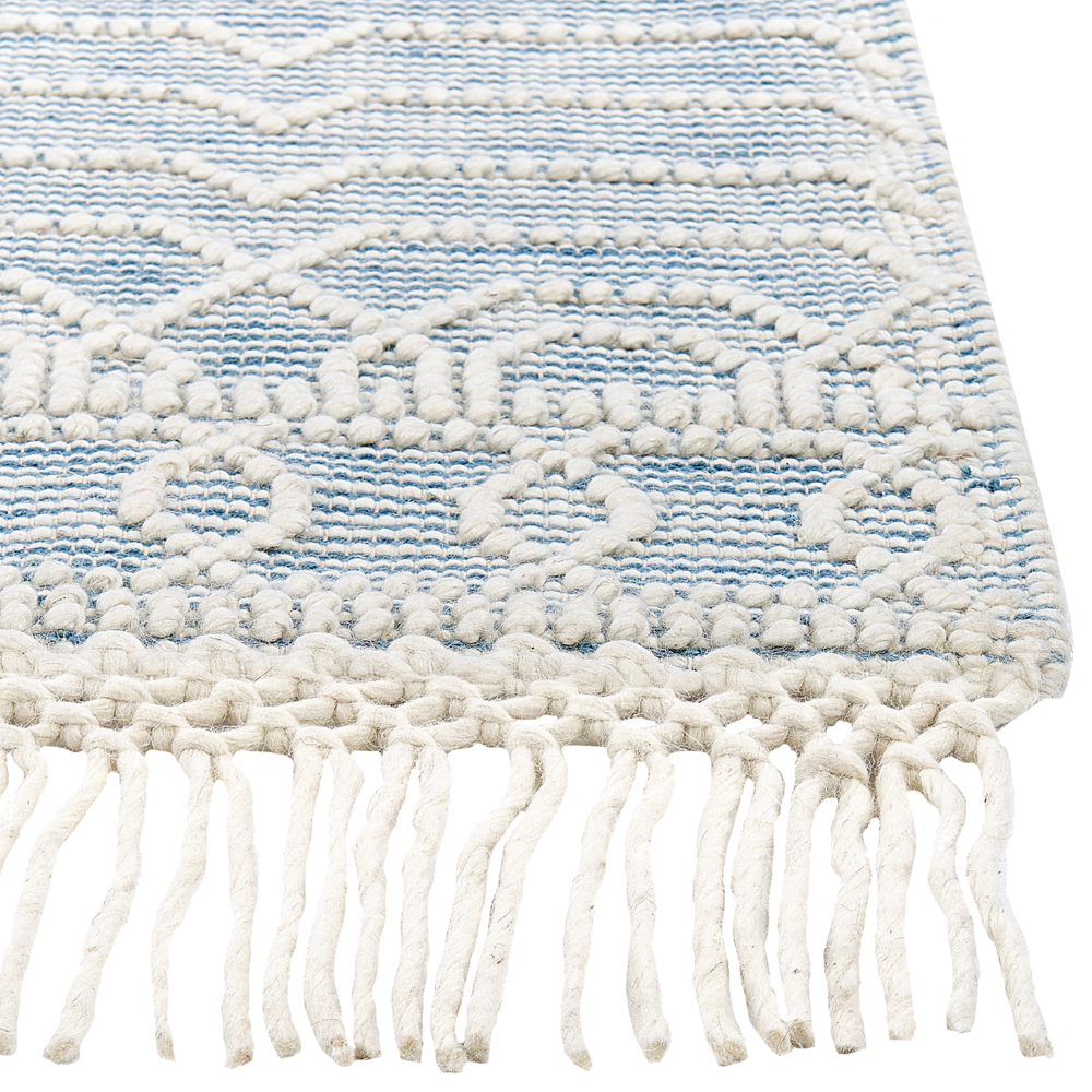 Tappeto blu in lana e cotone 160 x 230 cm tessuto a mano a trama piatta con frange e motivo geometrico