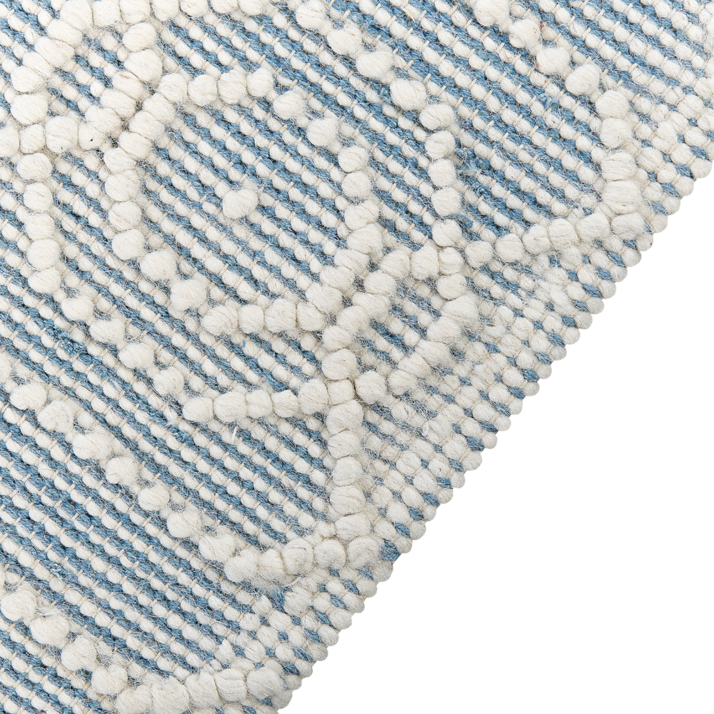 Tappeto blu in lana e cotone 160 x 230 cm tessuto a mano a trama piatta con frange e motivo geometrico