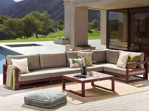 Set da giardino 5 posti in legno di acacia rosso mogano con cuscini tortora elegante