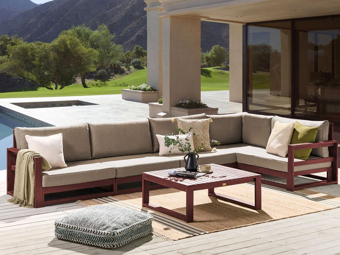Set da giardino 5 posti in legno di acacia rosso mogano con cuscini tortora elegante
