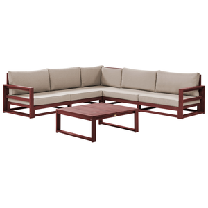 Set da giardino 5 posti in legno di acacia rosso mogano con cuscini tortora elegante