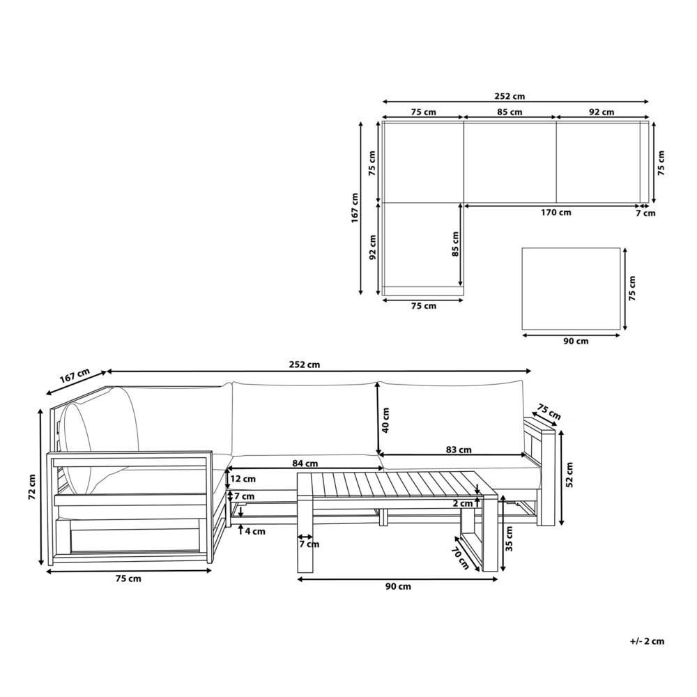 Salotto da giardino 4 posti in legno d'acacia rosso mogano con cuscini color tortora e tavolo lato destro esterno moderno