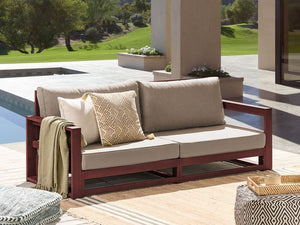 Divano da giardino 2 posti in legno di acacia rosso mogano con cuscini tortora moderno elegante