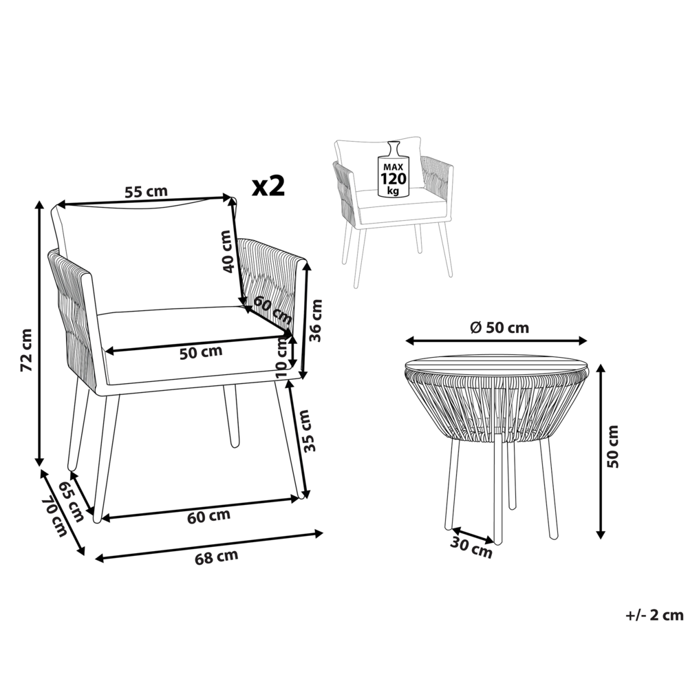 Set Bistro Naturale Off-White PE Rattan Cuscini staccabili Tavolino da Caffè Giardino Esterno
