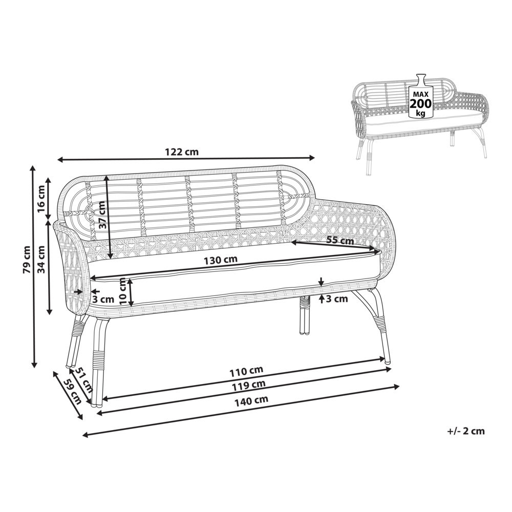 Divano grigio in PE naturale Rattan a 2 posti con cuscino di seduta intrecciato Design Boho