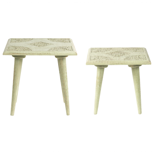 Set di 2 tavolini da salotto verdi e dorati in legno di mango invecchiato Tavolini quadrati moderni per il soggiorno dal design retrò e vintage