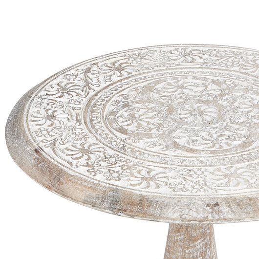 Tavolino bianco sporco con motivo intagliato rotondo in legno di mango Soggiorno corridoio rustico orientale