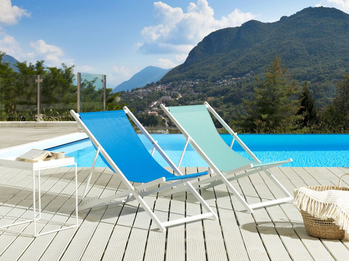 Sedia a sdraio pieghevole e reclinabile per esterno turchese e bianco piscina terrazzo giardino