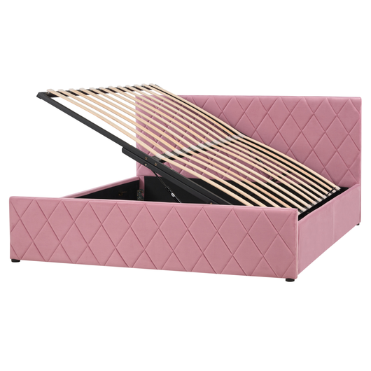 Letto contenitore Rivestimento in velluto rosa 160 x 200 cm con testiera trapuntata a diamante con base a doghe