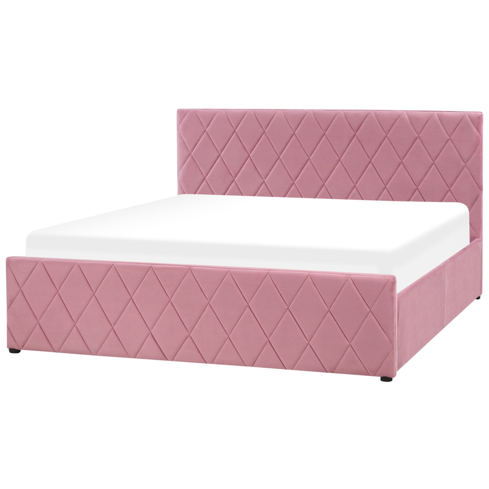 Letto contenitore Rivestimento in velluto rosa 160 x 200 cm con testiera trapuntata a diamante con base a doghe