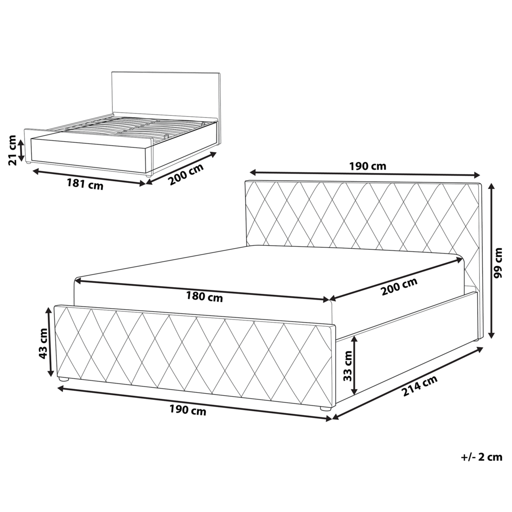 Letto contenitore Rivestimento in velluto rosa 180 x 200 cm con testiera trapuntata a rombi con base a doghe