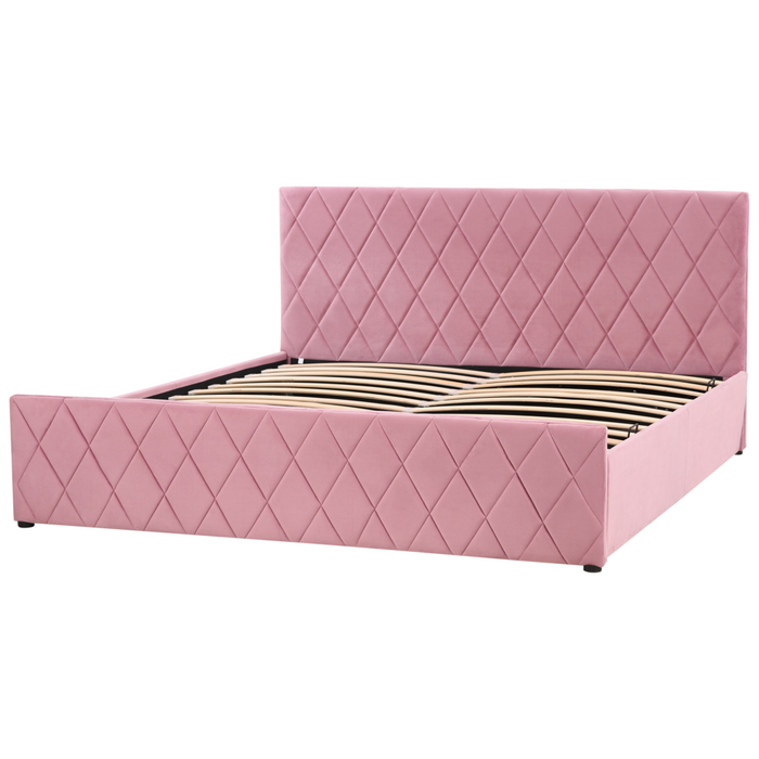 Letto contenitore Rivestimento in velluto rosa 180 x 200 cm con testiera trapuntata a rombi con base a doghe