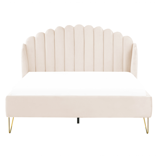Letto con rete in velluto beige 160 x 200 cm gambe in metallo testata retro capitonné