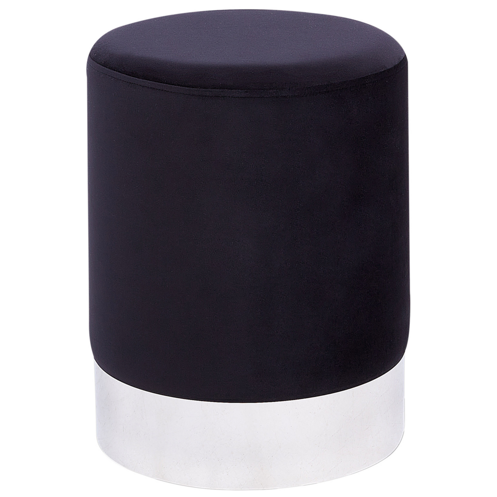 Pouf in velluto di colore nero con fascia metallica argento stile glamour soggiorno camera da letto