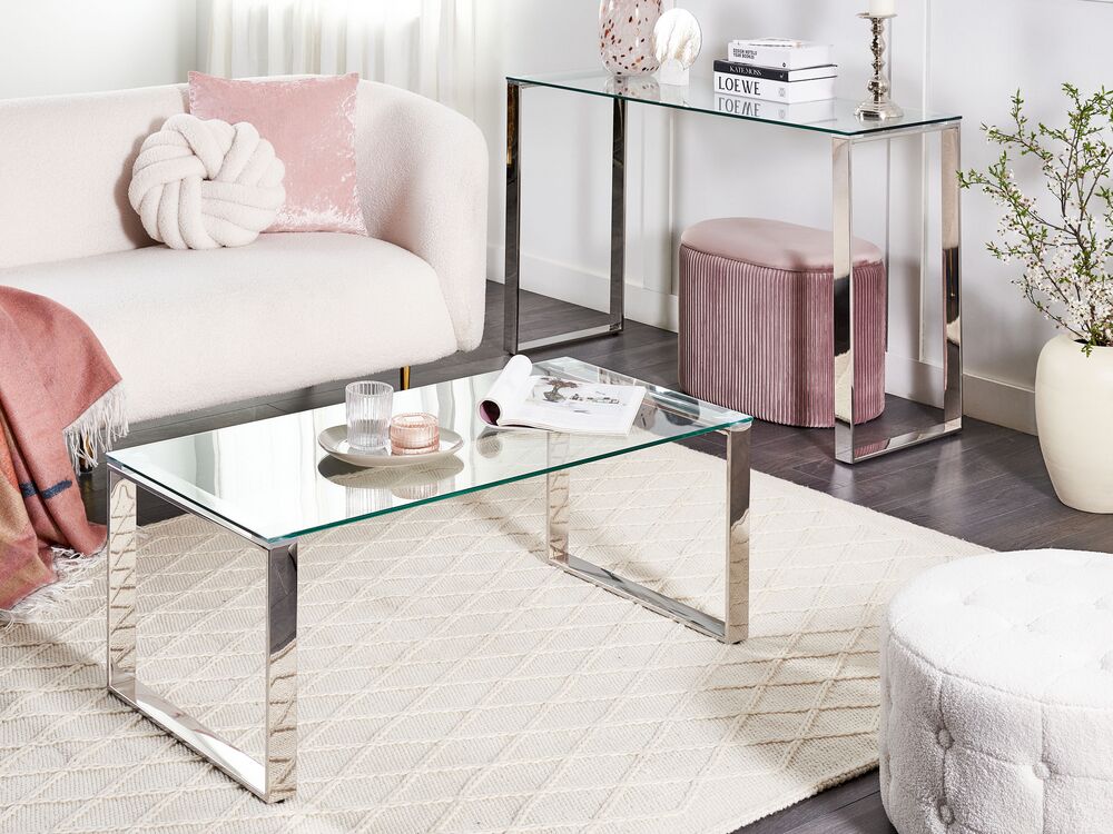 Tavolino in vetro temperato trasparente placcato in acciaio 100 x 50 cm stile moderno soggiorno