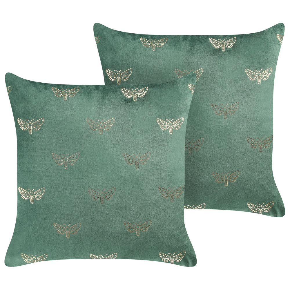 Set di 2 cuscini sparsi in velluto verde 45 x 45 cm Cuscino da lancio con motivo a farfalla Sfoderabile con imbottitura
