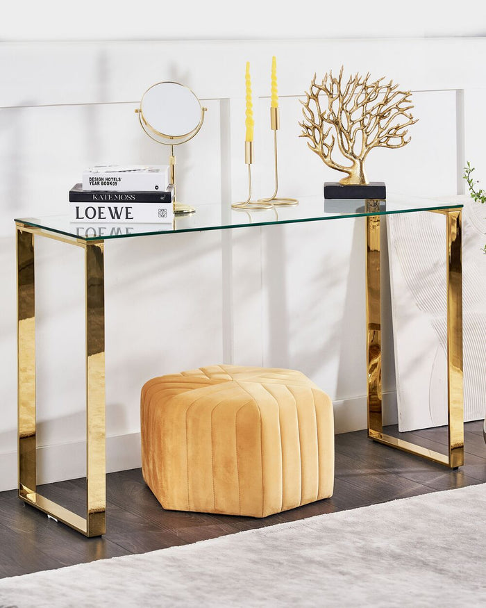 Consolle in vetro temperato trasparente placcato e dorato 75 x 120 cm soggiorno camera da letto