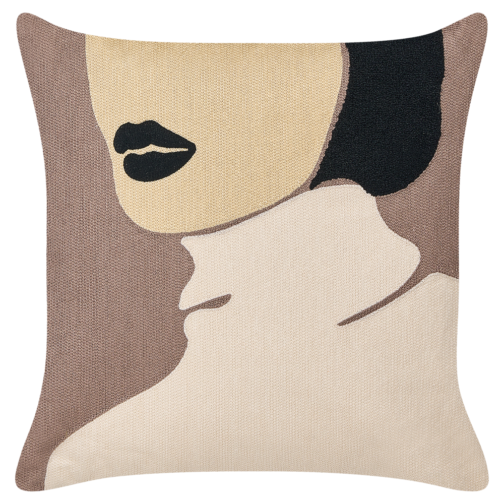 Set di 2 cuscini in cotone marrone beige 45 x 45 cm con motivo viso donna salotto cameretta camera da letto