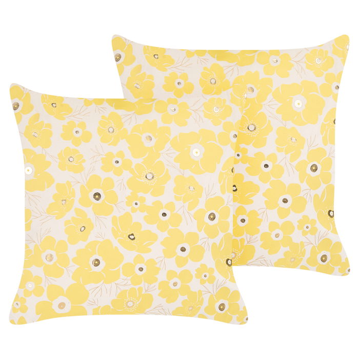 Set di 2 cuscini in cotone beige e giallo 45 x 45 cm con motivo a fiori soggiorno cameretta camera da letto