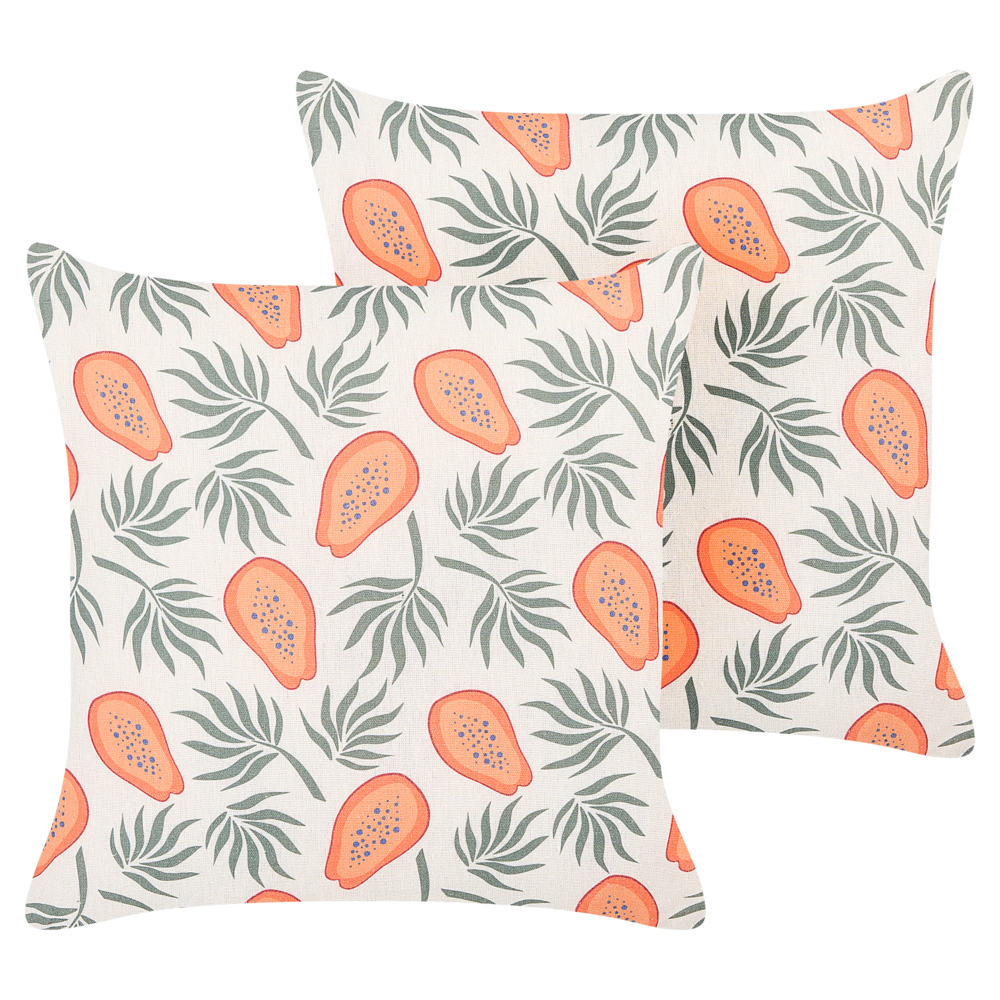 Set di 2 cuscini bianco arancione e verde 45 x 45 cm motivo papaya frutta esotica soggiorno camera da letto