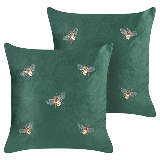 Set di 2 cuscini decorativi in velluto verde 45 x 45 cm con motivo con api soggiorno camera da letto