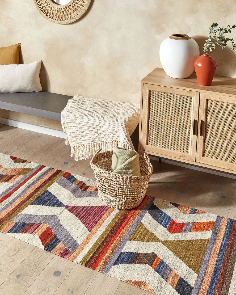 Tappeto di lana multicolore 80 x 300 cm kilim fatto a mano con strisce e nappe soggiorno camera da letto