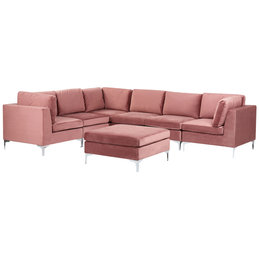Divano ad angolo modulare versione destra a 6 posti in velluto rosa con gambe in metallo argentato a forma di L ottomana Stile glamour