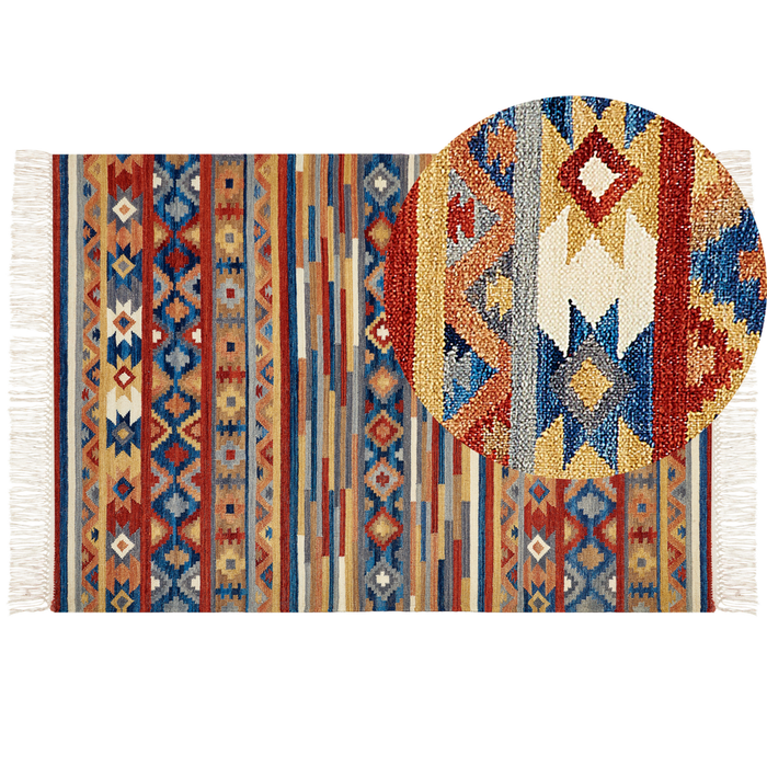 Tappeto di lana multicolore kilim a mano motivo etnico 160 x 230 cm soggiorno camera da letto
