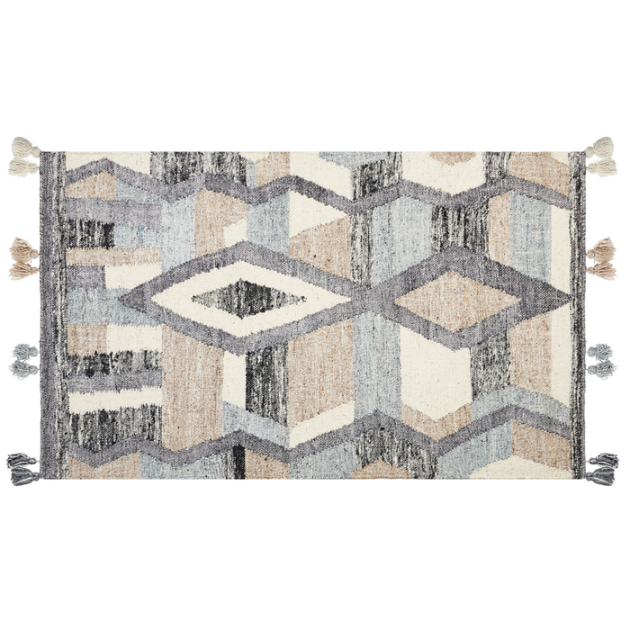 Tappeto Kilim multicolore in lana e cotone 80 x 150 cm Fatto a mano con motivo patchwork boho con frange