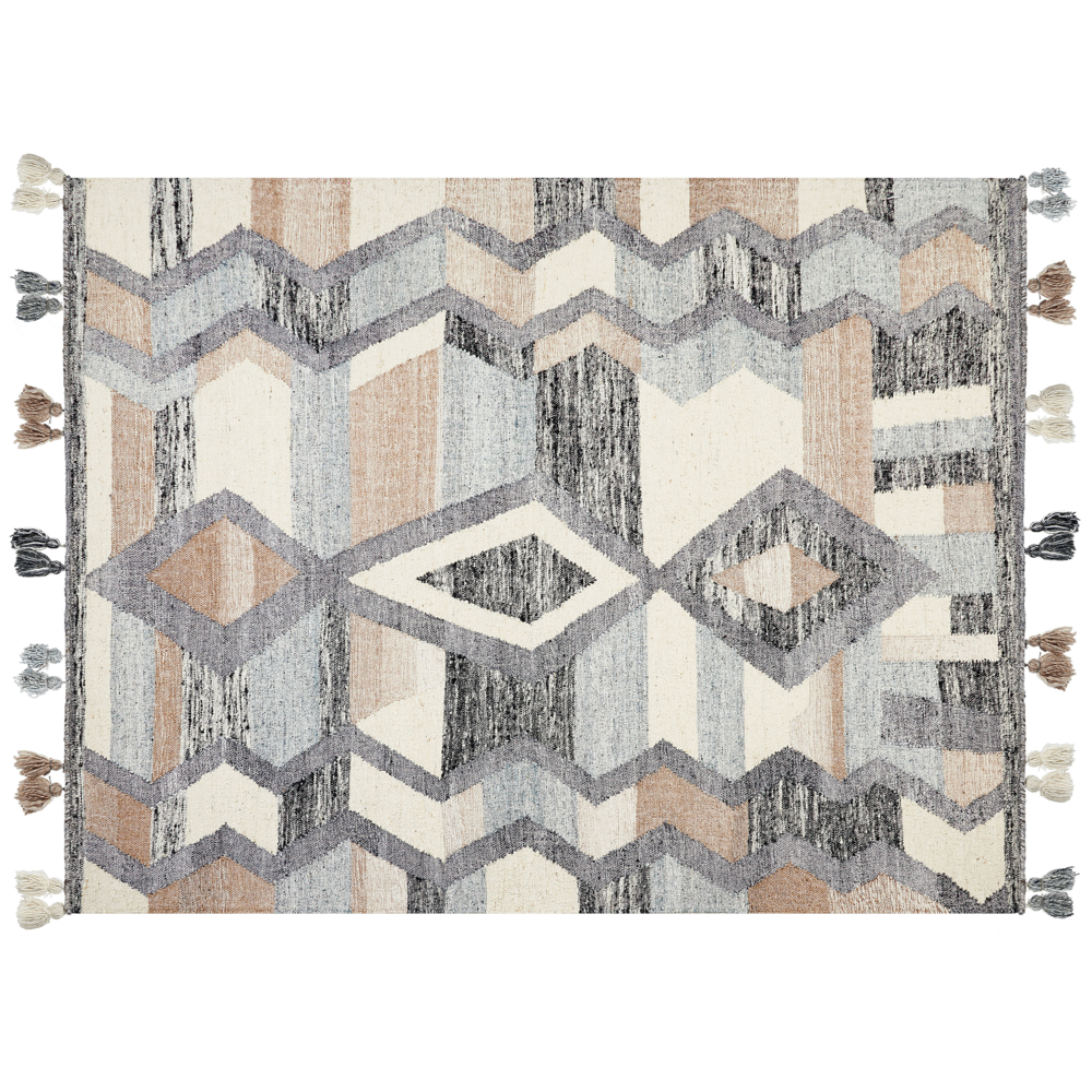 Tappeto Kilim multicolore in lana e cotone 160 x 230 cm Fatto a mano con motivo patchwork boho con frange