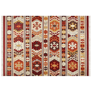 Tappeto Kilim multicolore in lana e cotone 200 x 300 cm Fatto a mano con motivo Boho e frange