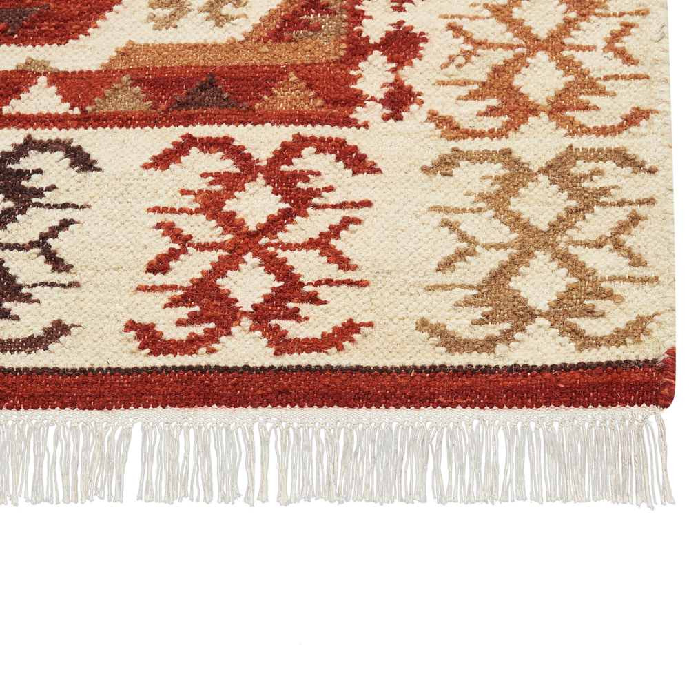 Tappeto Kilim multicolore in lana e cotone 160 x 230 cm Fatto a mano con motivo patchwork Boho e frange.