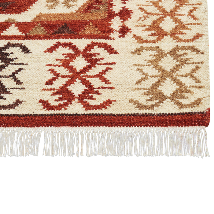 Tappeto Kilim multicolore in lana e cotone 160 x 230 cm Fatto a mano con motivo patchwork Boho e frange.