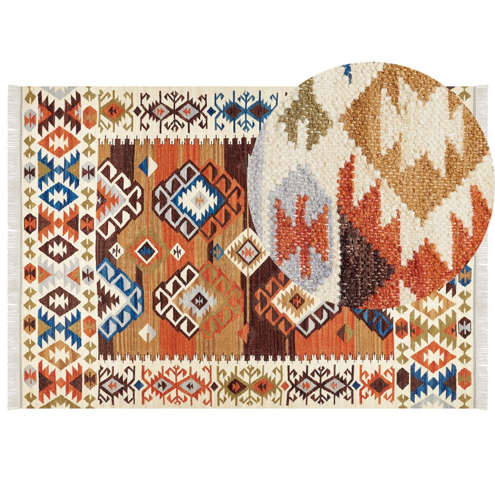 Tappeto Kilim multicolore in lana e cotone 200 x 300 cm Fatto a mano con motivo patchwork Boho e frange.
